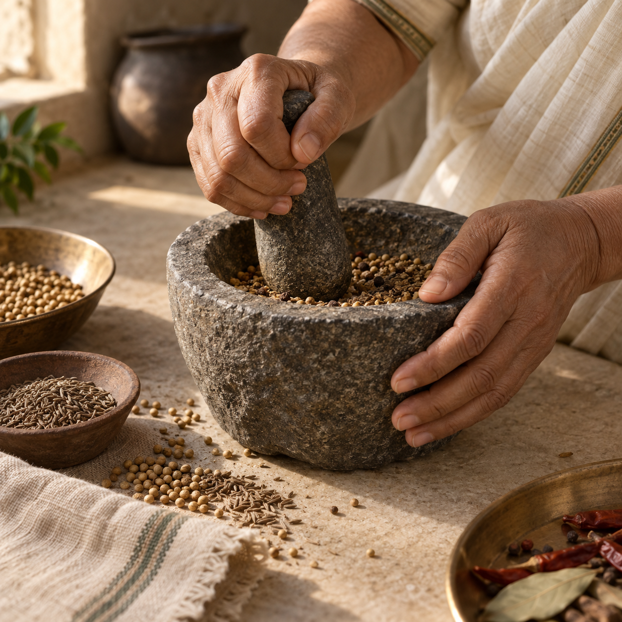 Hands carefully crushing spices in a stone mortar