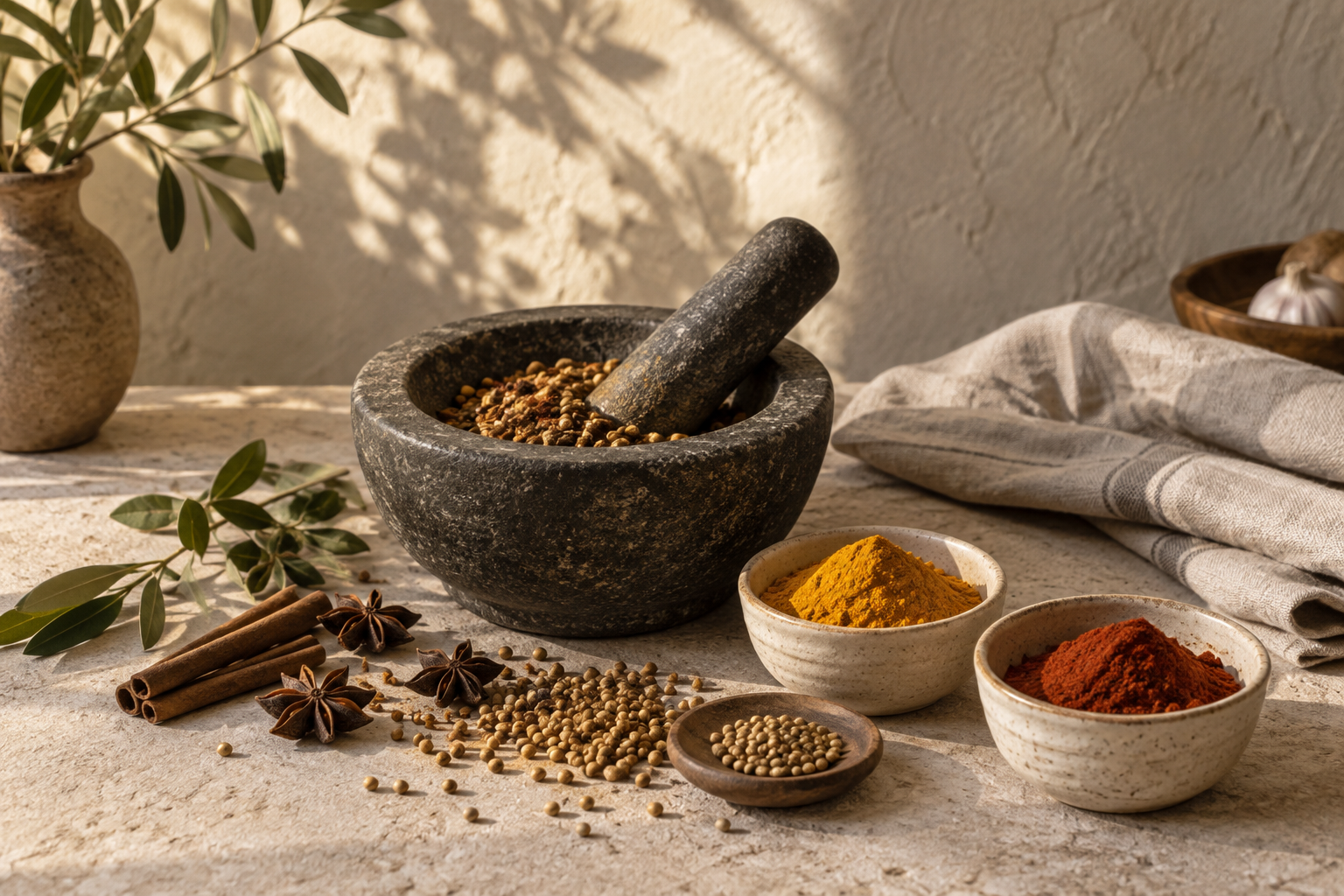 A stone mortar and handpicked spices in warm afternoon light