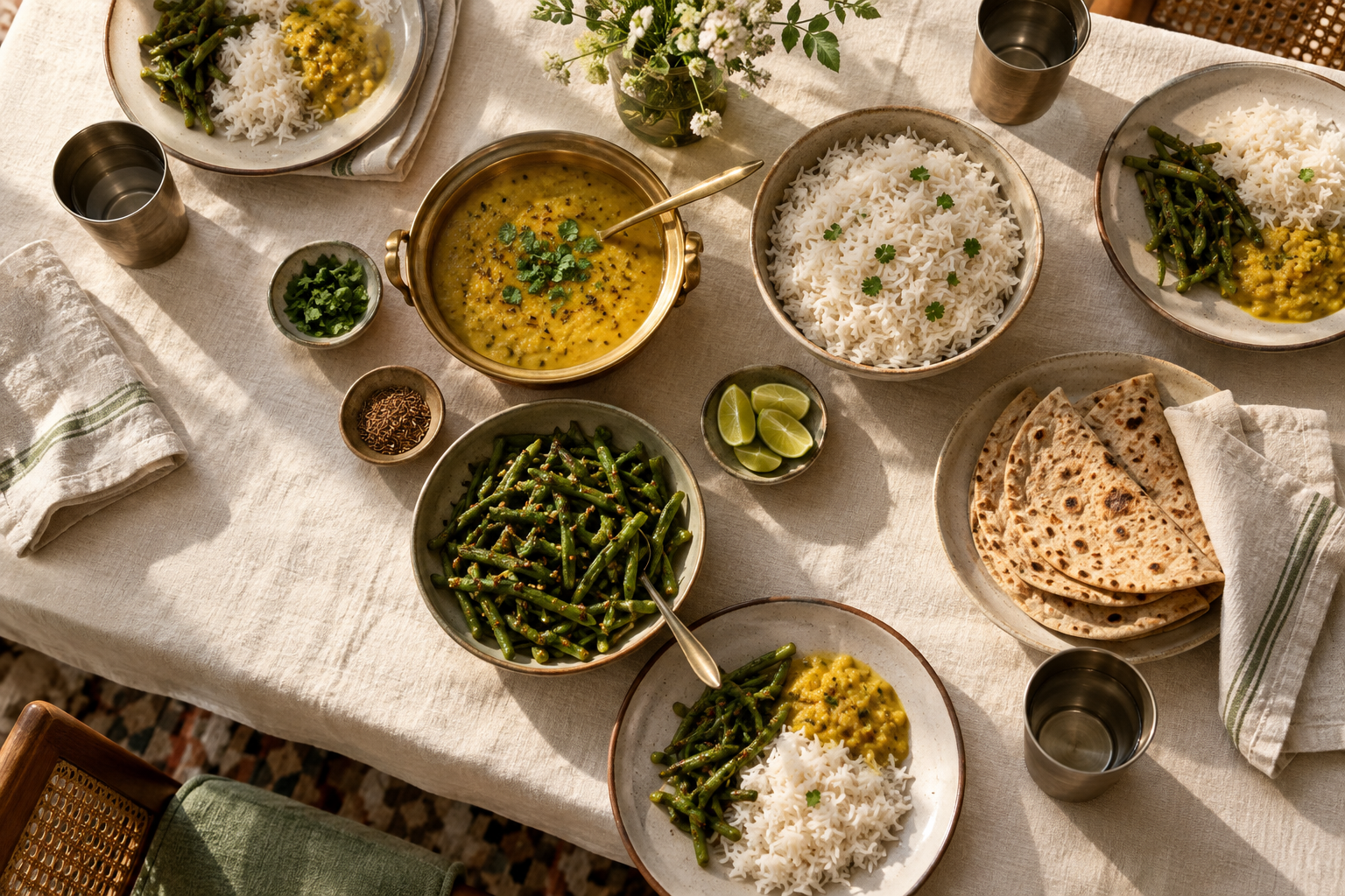A sunlit family table with dal, rice, rotis, green beans, and simple brass and ceramic serving dishes
