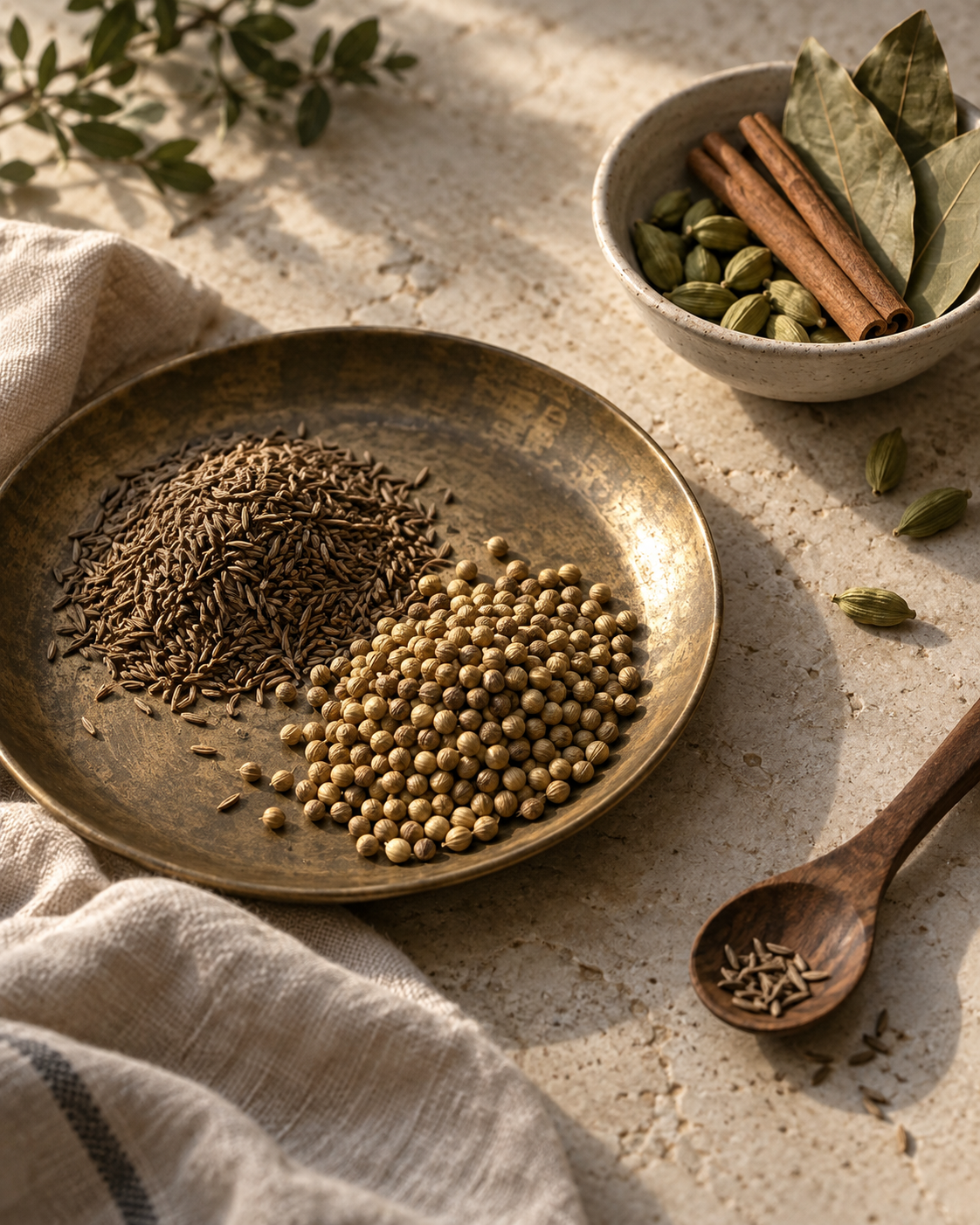 Whole cumin and coriander seeds carefully arranged on a brass plate beside cardamom and cinnamon